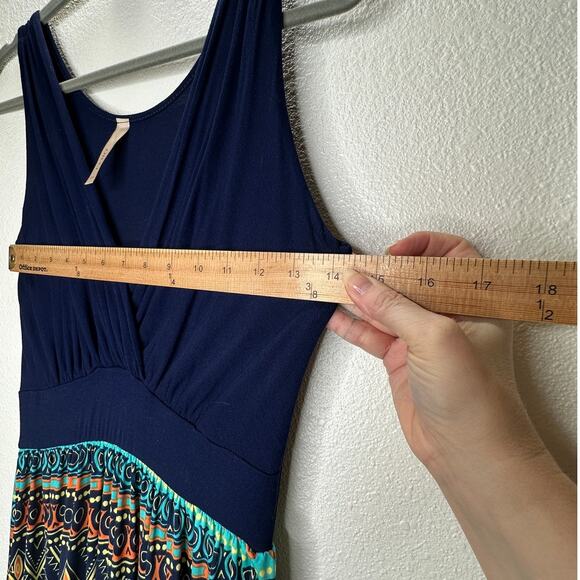 Gilli Navy Blue Teal Orange Multi Print Faux Wrap V-Neck Sleeveless Maxi Dress M - Picture 11 of 14